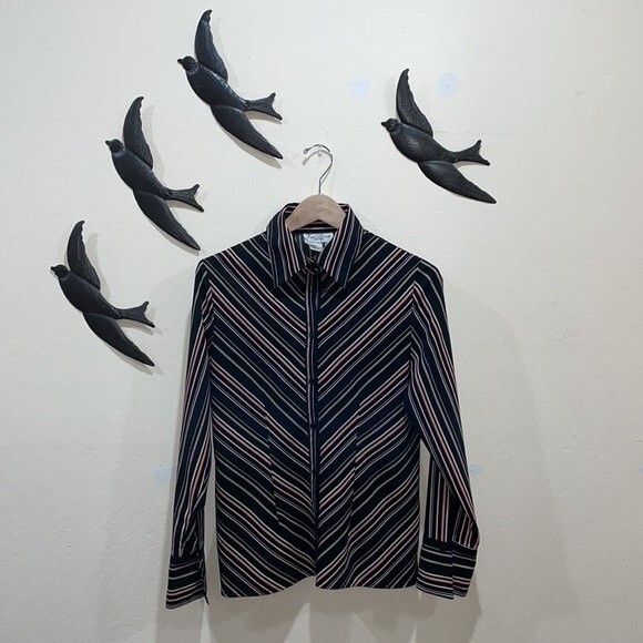 Vintage Fred David 70's Striped Stretch Shirt Turn Back French Cuffs - Size M - Picture 8 of 8